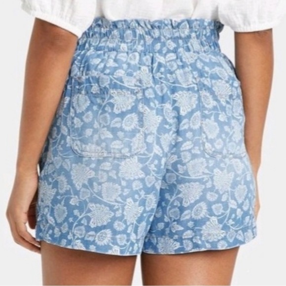 Knox Rose Paper-bag Distressed Chambray Floral Boho Shorts with Waist-tie Sz M - Picture 5 of 10